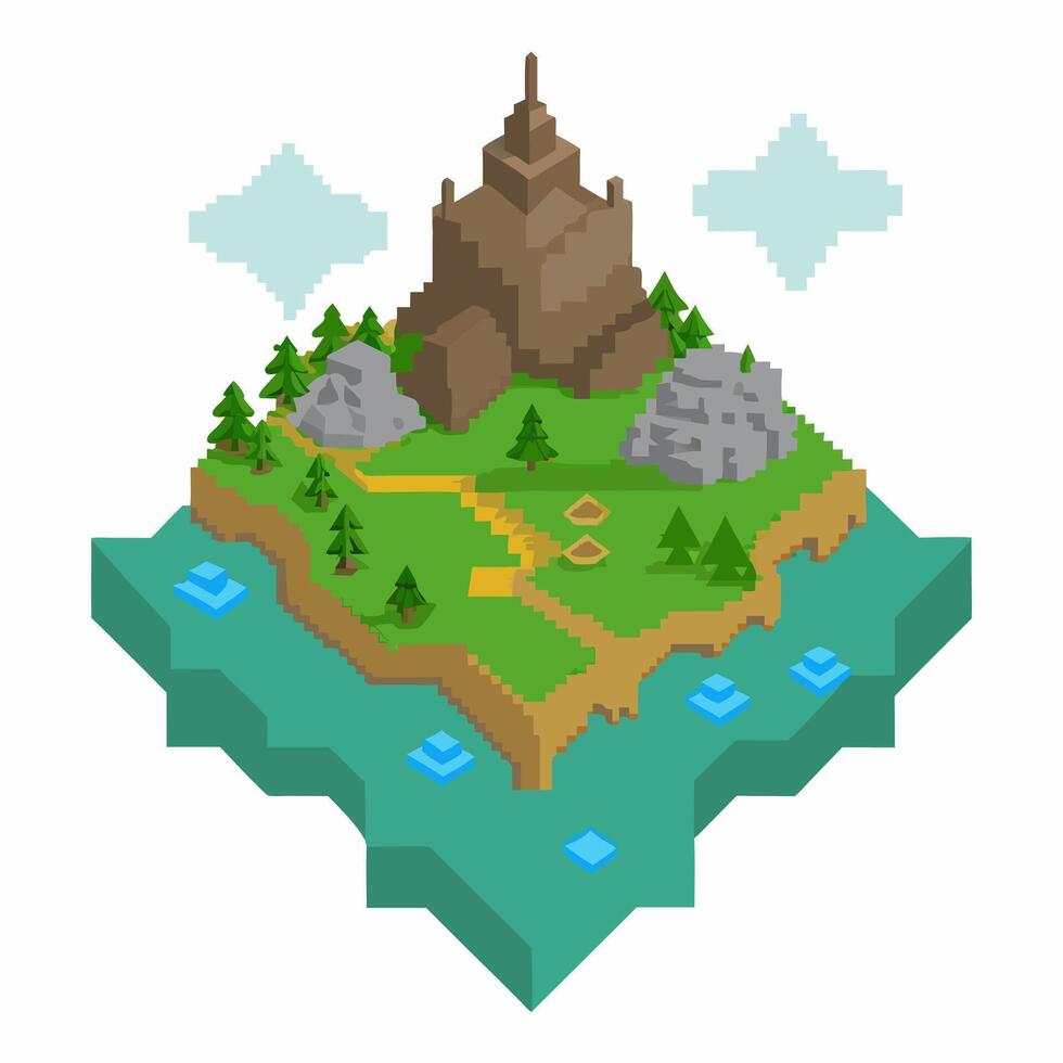 Isometric Fantasy Island with Mountain and Trees Pixel Art Illustration vector