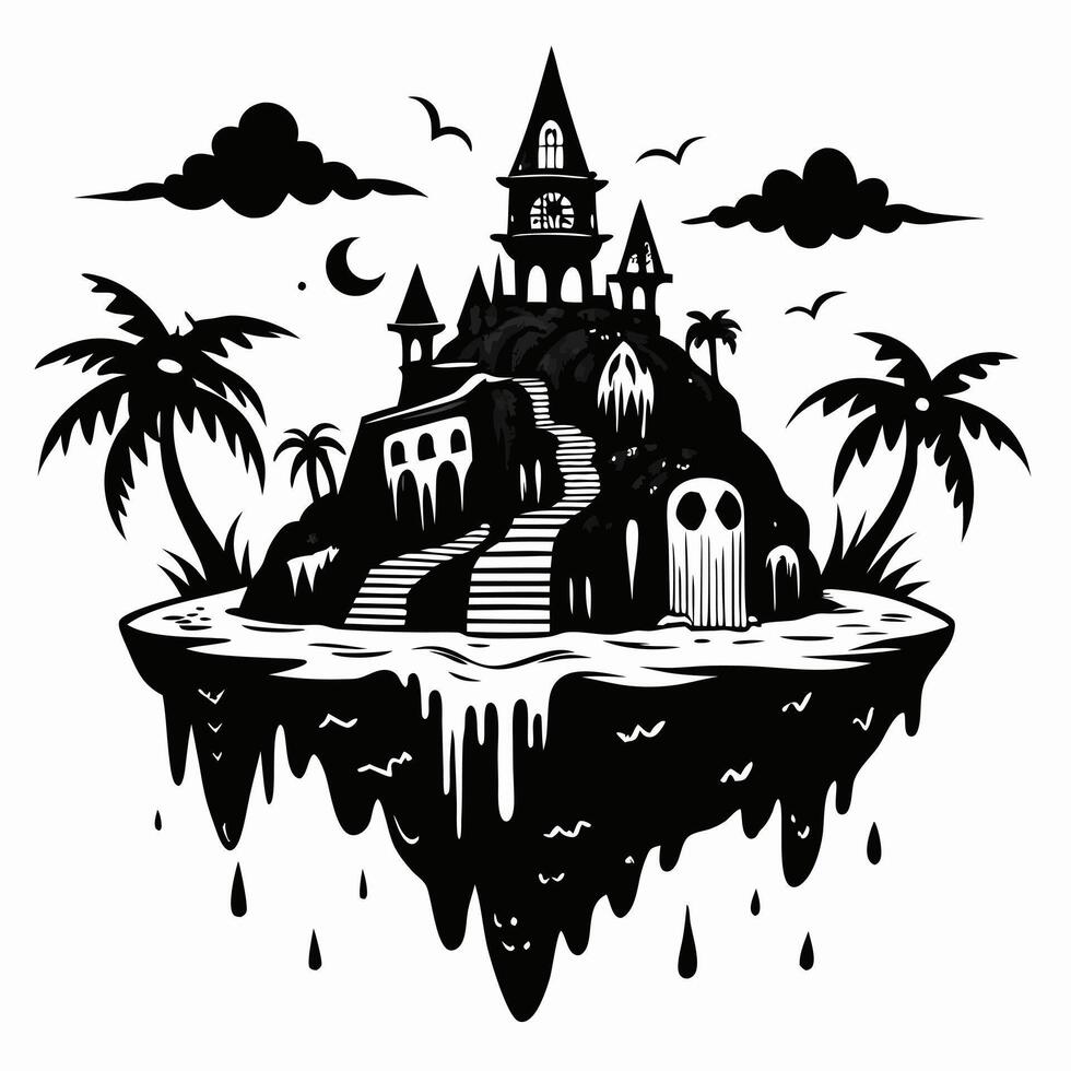 Floating Gothic Island with Haunted House and Dripping Details vector