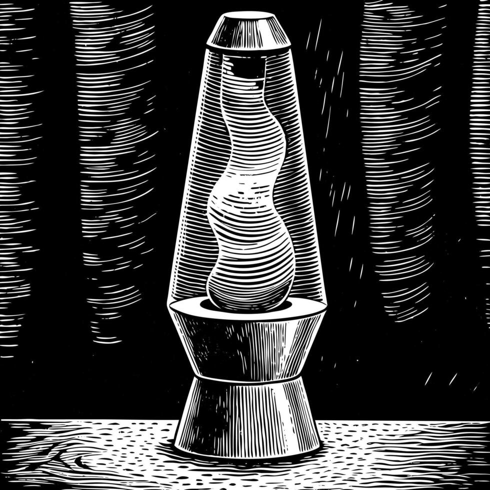 Retro Lava Lamp Illustration with Intricate Black and White Woodcut Design vector