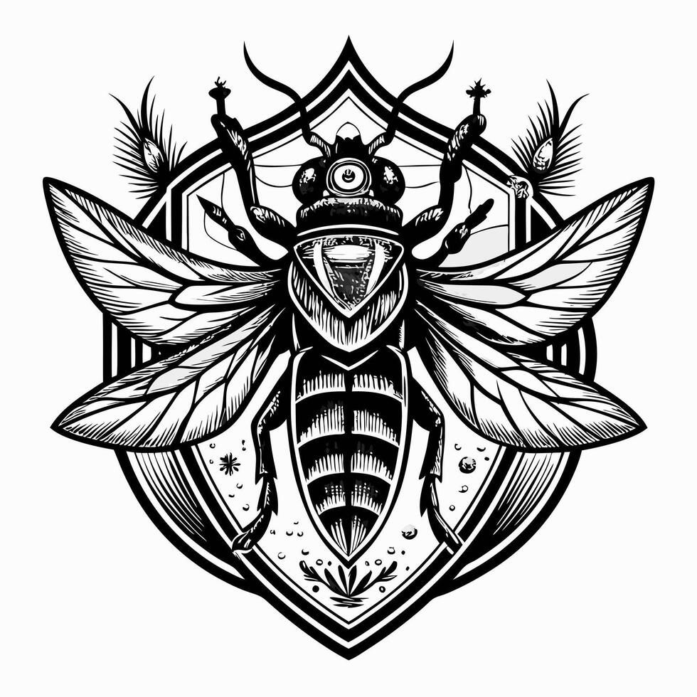 A black and white drawing of a bee with a crown on its head vector