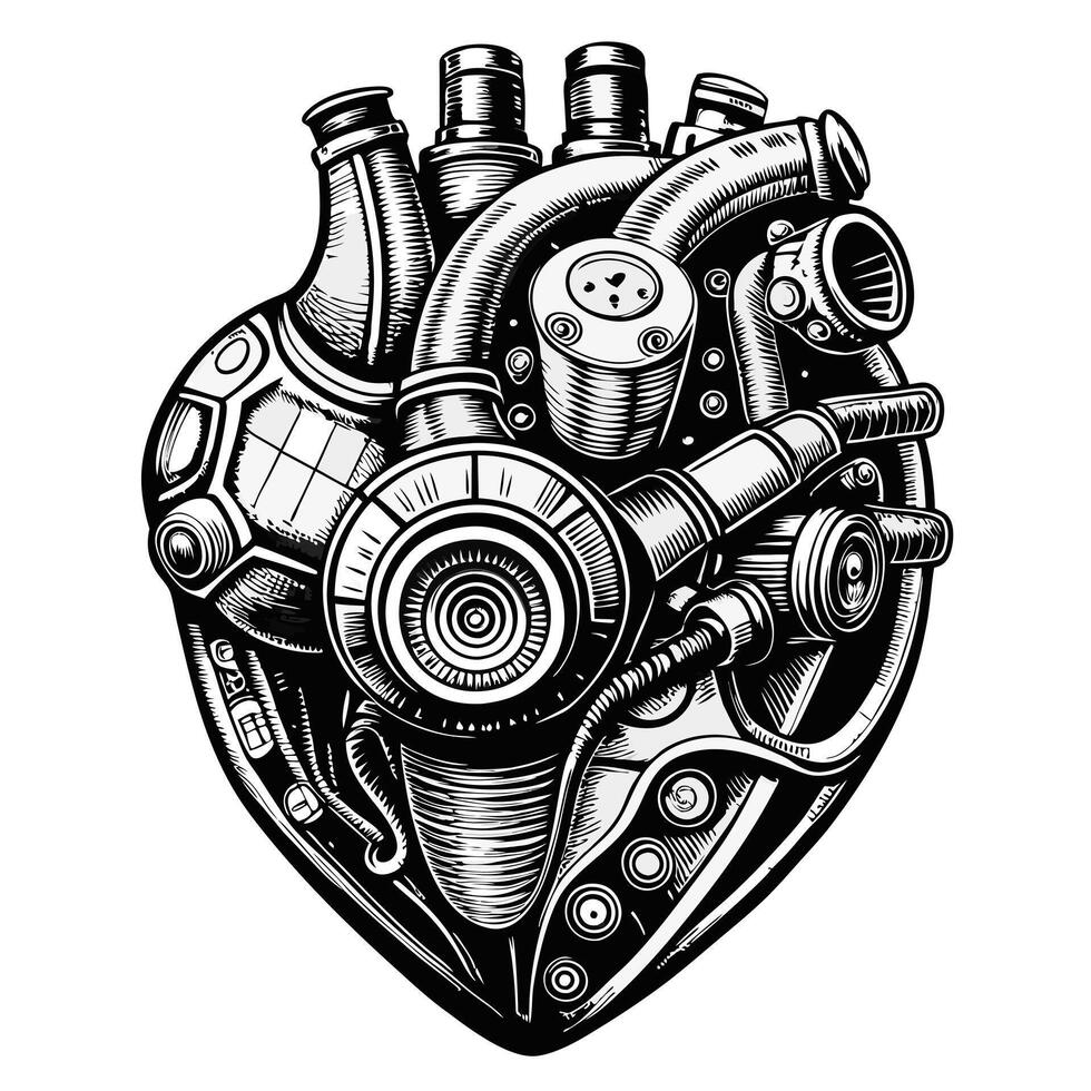 Steampunk Mechanical Heart Illustration Intricate Monochrome Art vector