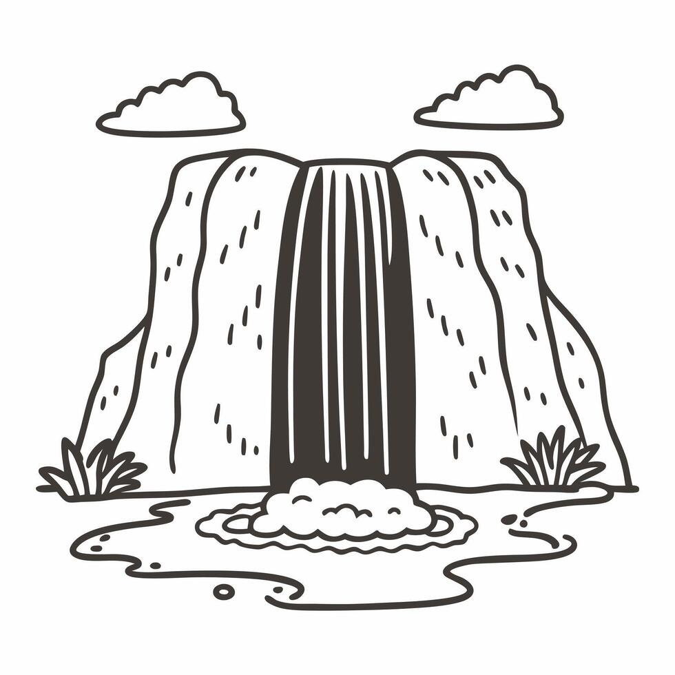 Monochrome Illustration of a Serene Waterfall with Rocks and Clouds in Nature vector