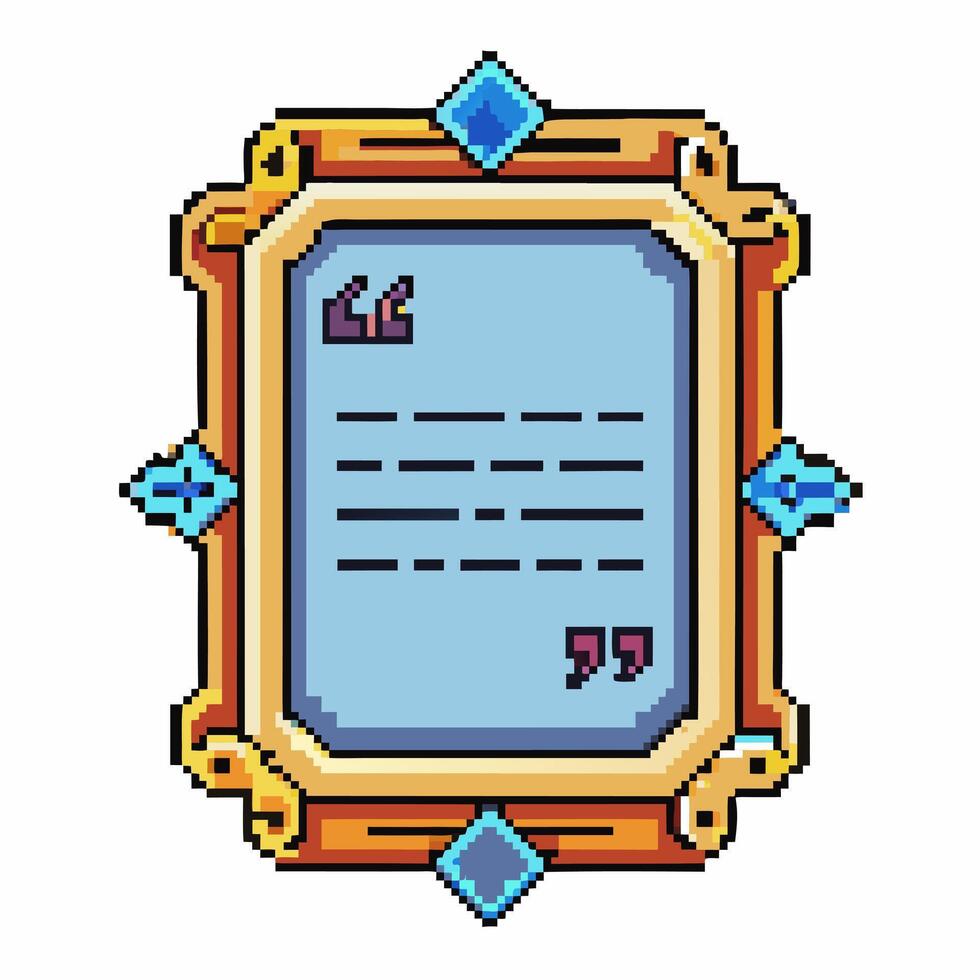 Colorful Pixel Art Frame with Gems and Quotation Marks in Retro Game Style vector