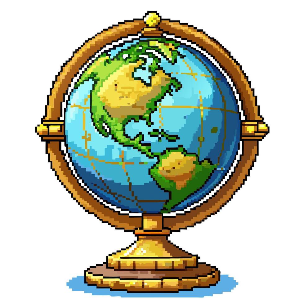 Pixel Art Globe Retro World Map in Vintage Style with North America Highlight vector