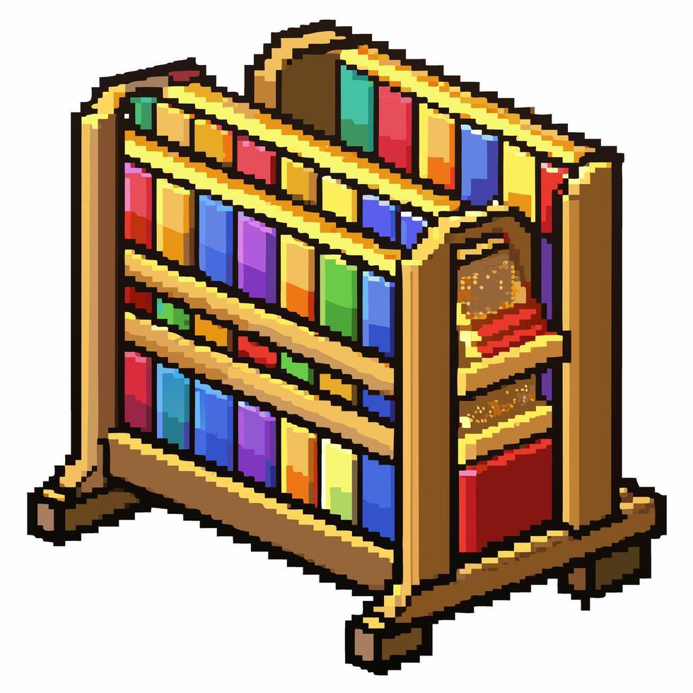 Isometric Pixel Art Bookshelf with Colorful Books Retro Game Style vector
