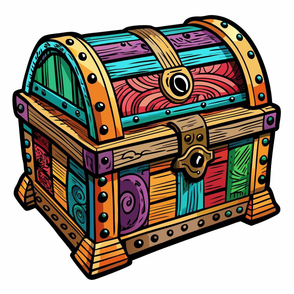 Vibrant Wooden Treasure Chest with Colorful Panels and Metal Accents in vector
