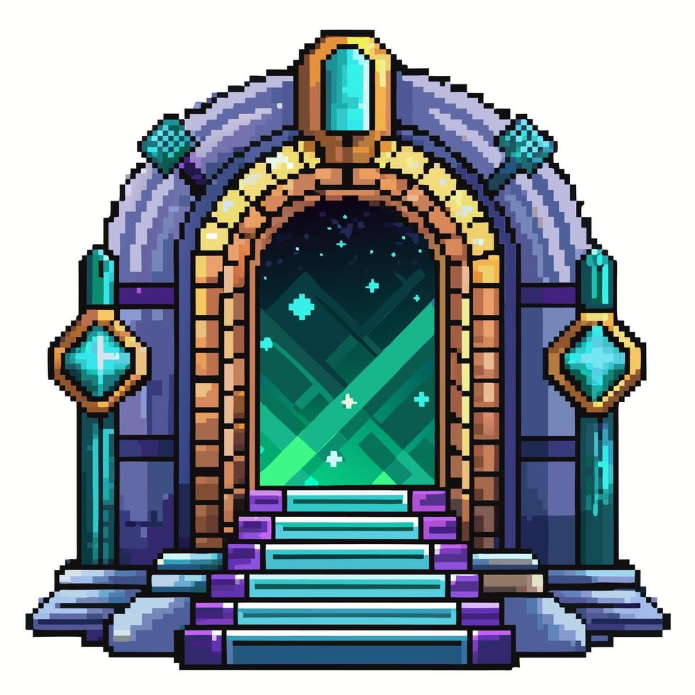 Pixel Art Fantasy Portal with Glowing Green Interior and Gemstone Accents vector