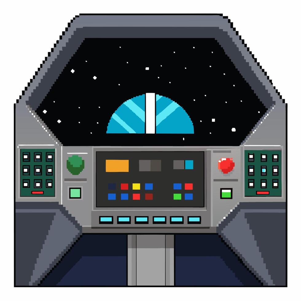 Pixel Art Spaceship Cockpit with Stars Retro Gaming Spacecraft Control Panel Design vector