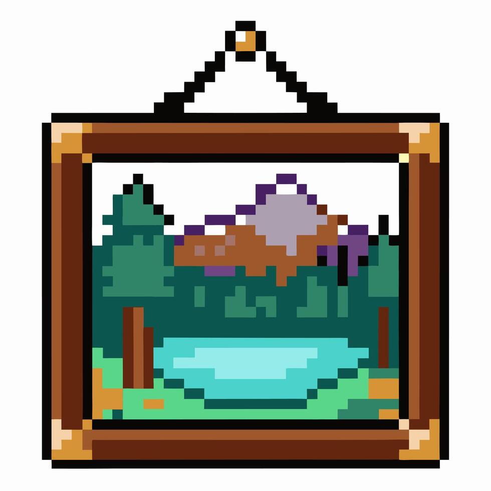 Pixel Art Mountain Landscape in Framed Illustration with Lake and Trees vector