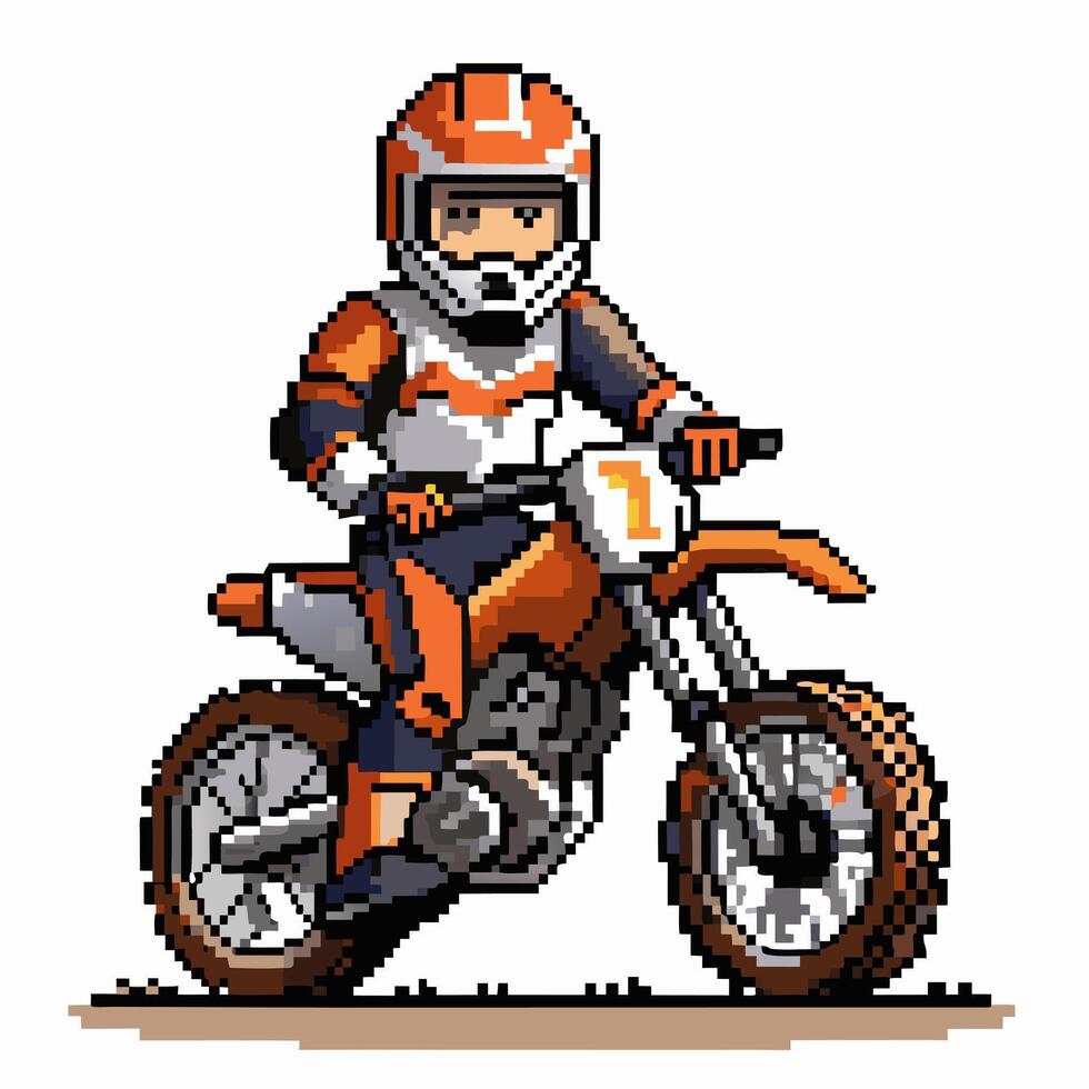 Pixel Art Motocross Racer on Dirt Bike in Dynamic Racing Pose vector