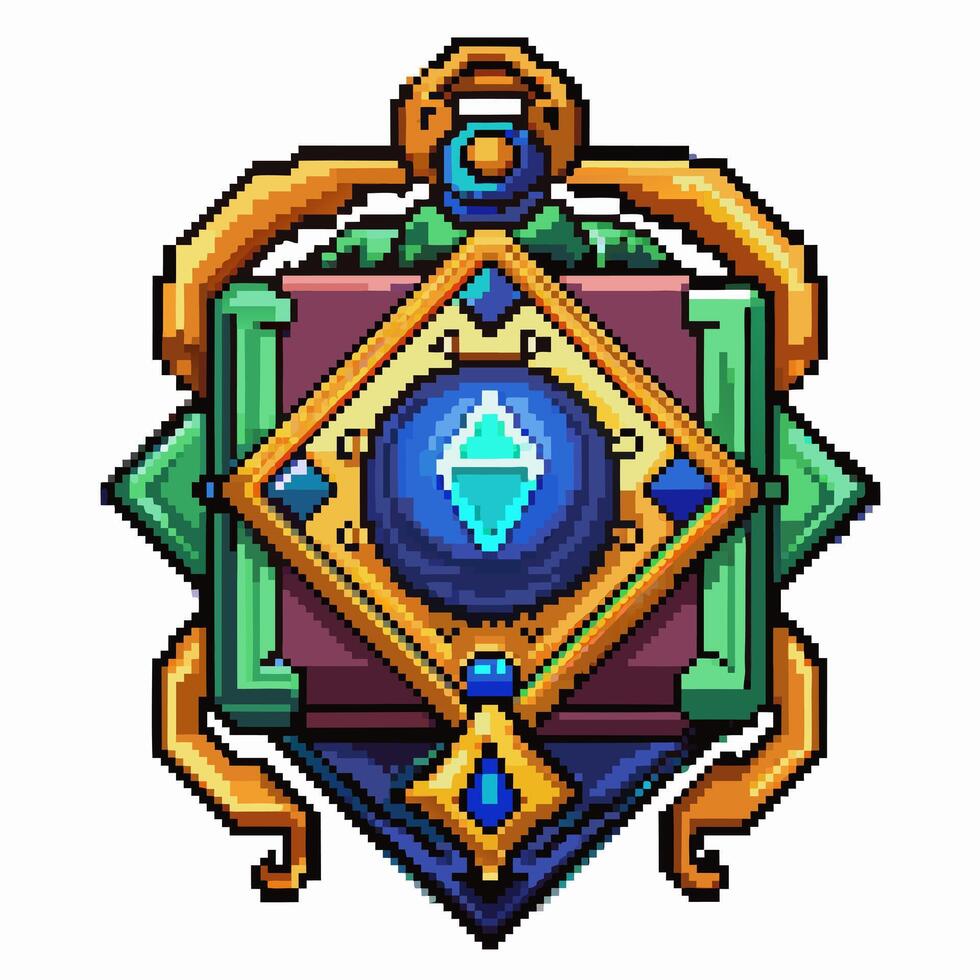 Vintage Pixel Art Fantasy Emblem with Gemstone and Intricate Geometric Design vector
