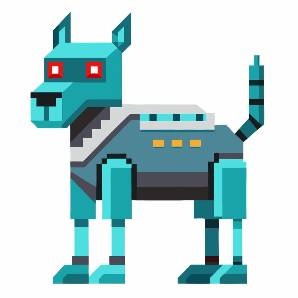 Retro Pixel Art Cyber Dog with Futuristic Robotic Design in Blue Tones vector