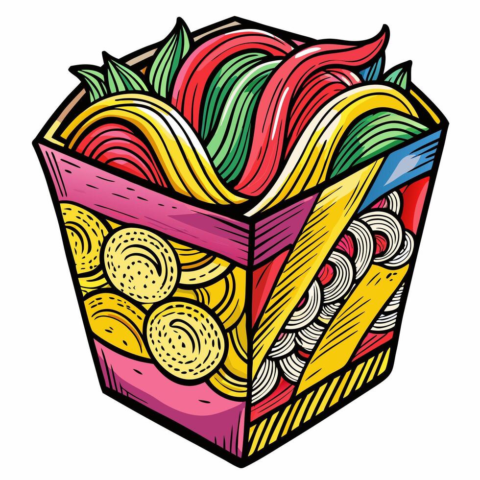 Colorful Box of Mixed Pasta Illustrator Design with Wave and Spiral Patterns vector