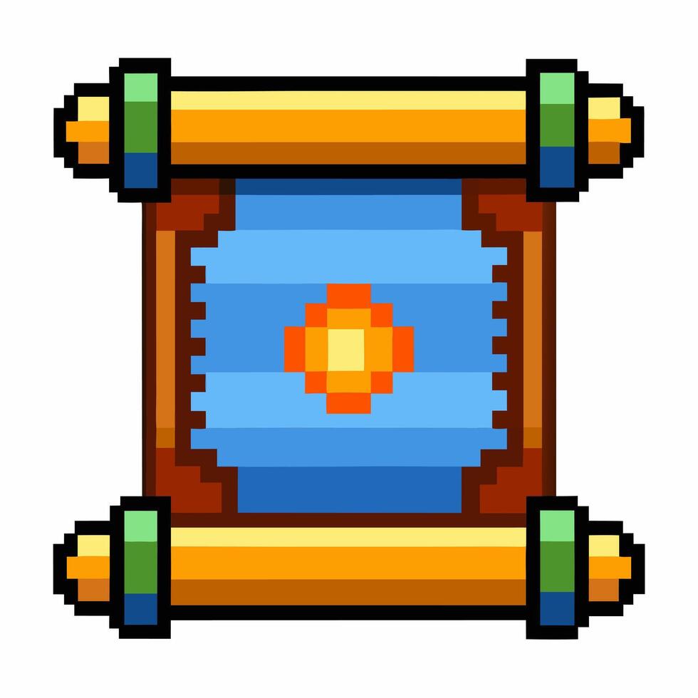 Retro Pixel Art Scroll with Sun Icon in Blue and Gold, RPG Game Design vector