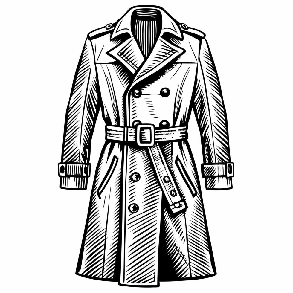 Vintage Trench Coat Illustration in Black and White Classic Outerwear Design vector
