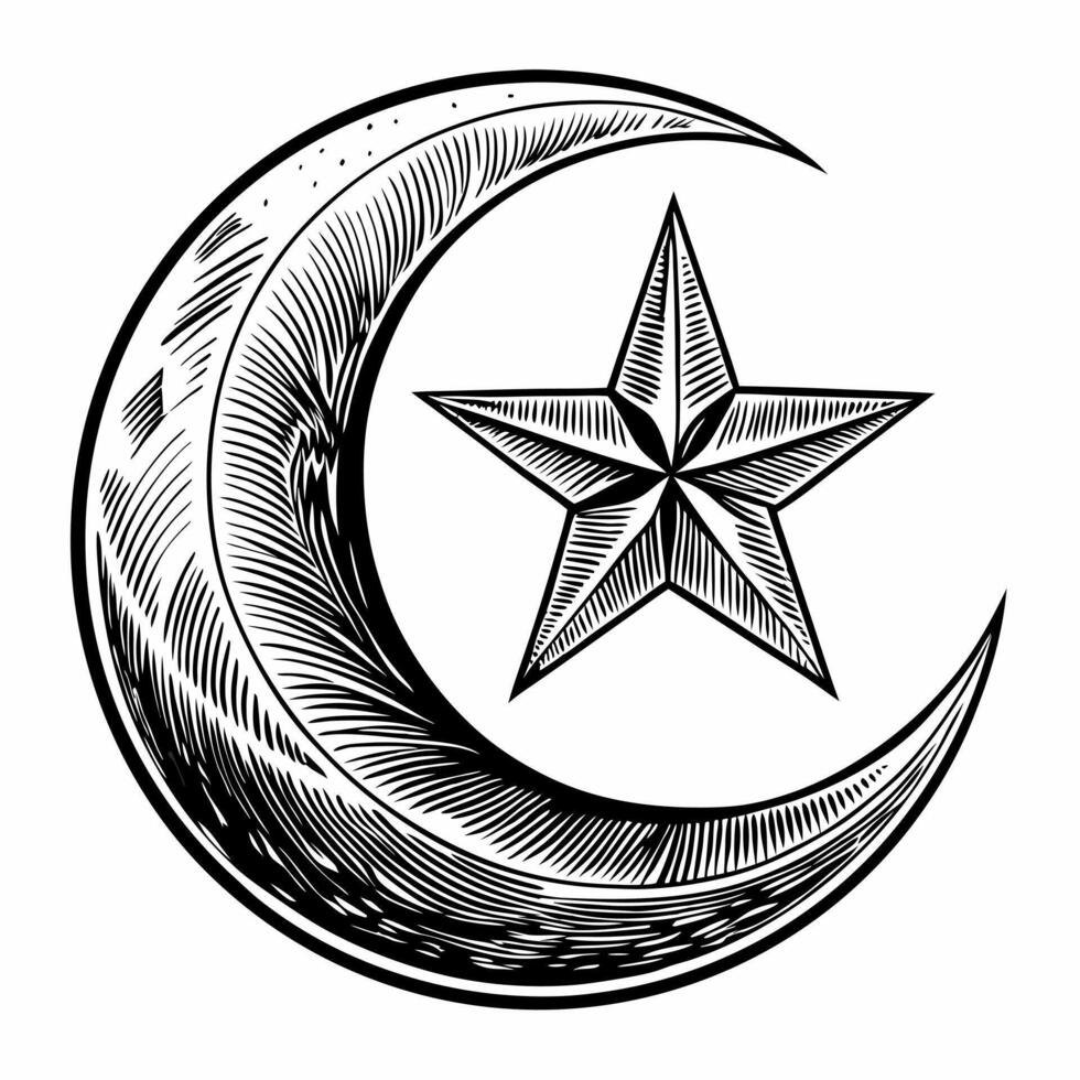 Intricate Crescent Moon and Star Illustration in Black and White for Cultural Themed Designs vector