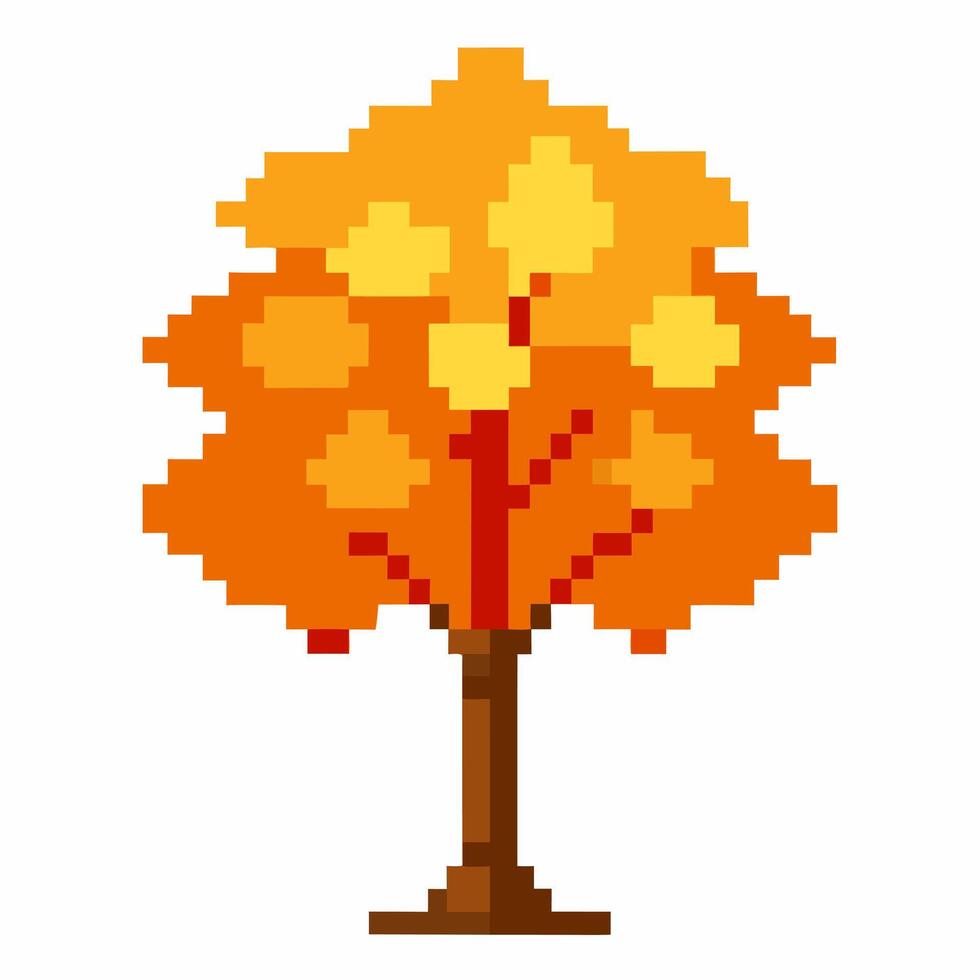 Pixel Art Autumn Tree with Vibrant Orange and Yellow Leaves on White Background vector