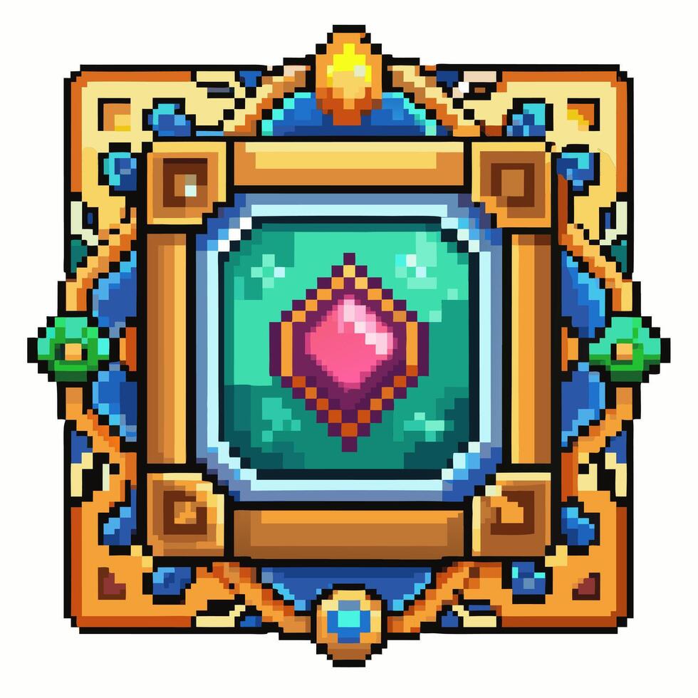 Colorful Pixel Art Gemstone Emblem with Ornate Frame Design for Games vector