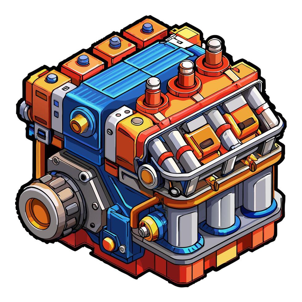Colorful Isometric Engine Illustration with Bold Geometric Shapes and Detailed Design vector