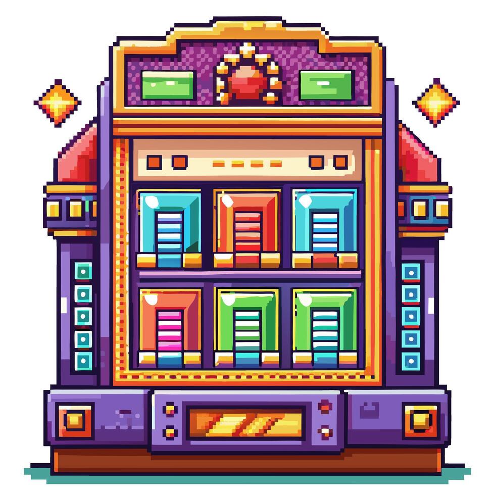 Retro Pixel Art Slot Machine Illustration with Colorful Geometric Design vector