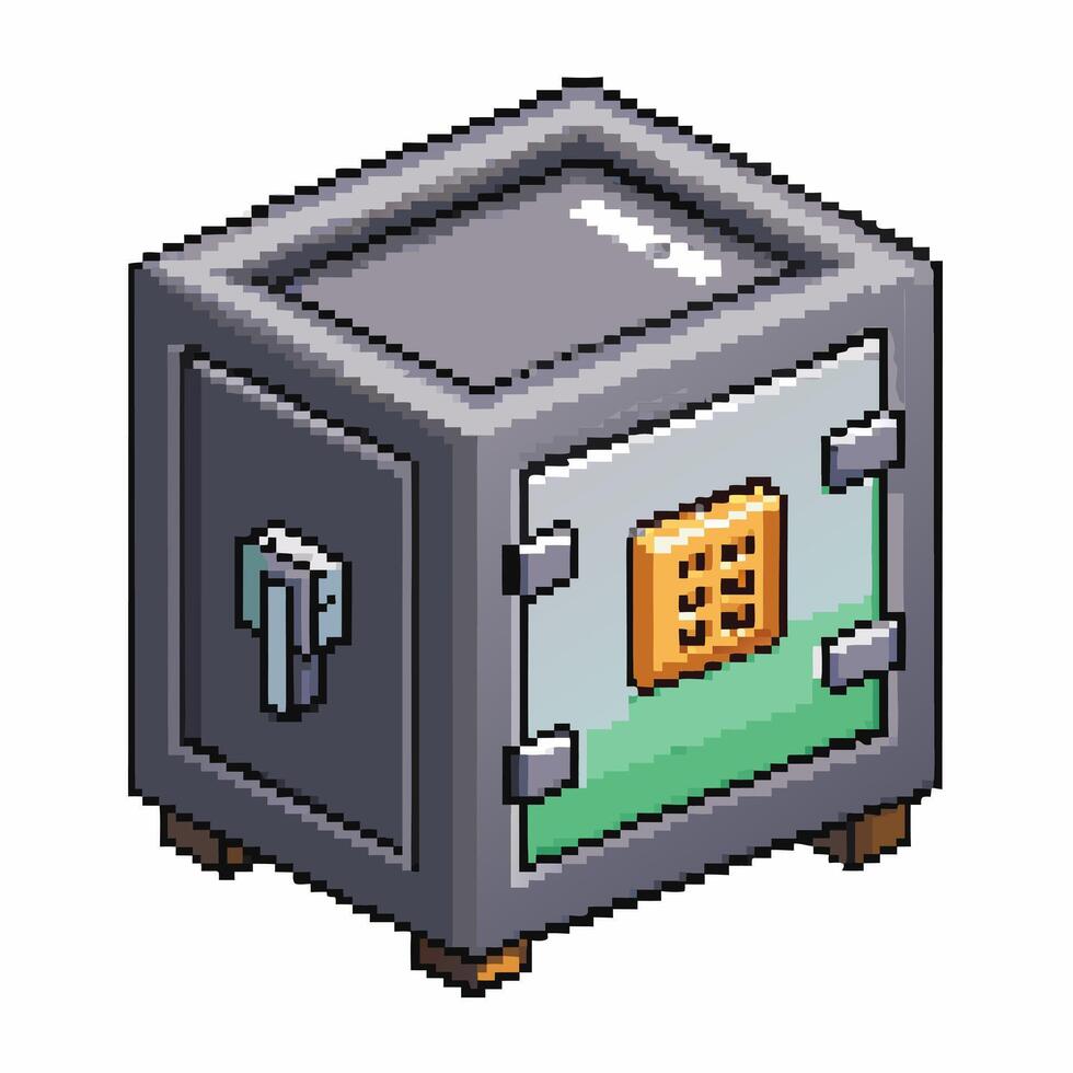 Isometric Pixel Art Safe Box with Numeric Keypad for Digital Security Illustrations vector