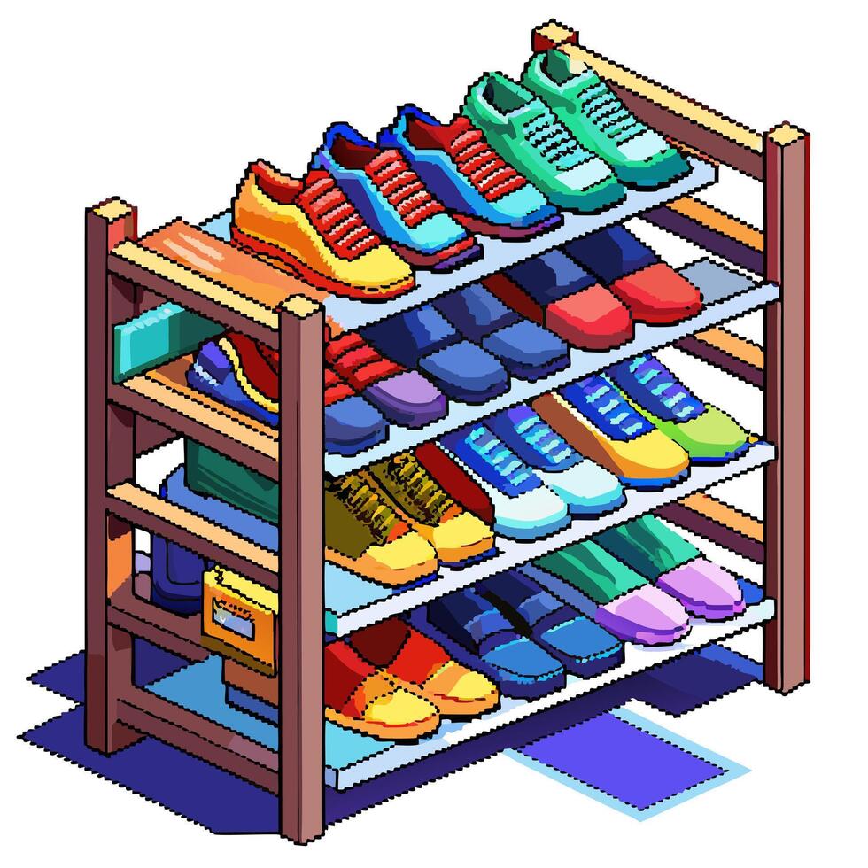 Pixel Art Shoe Rack Colorful Sneakers Display in Isometric Style Illustration vector