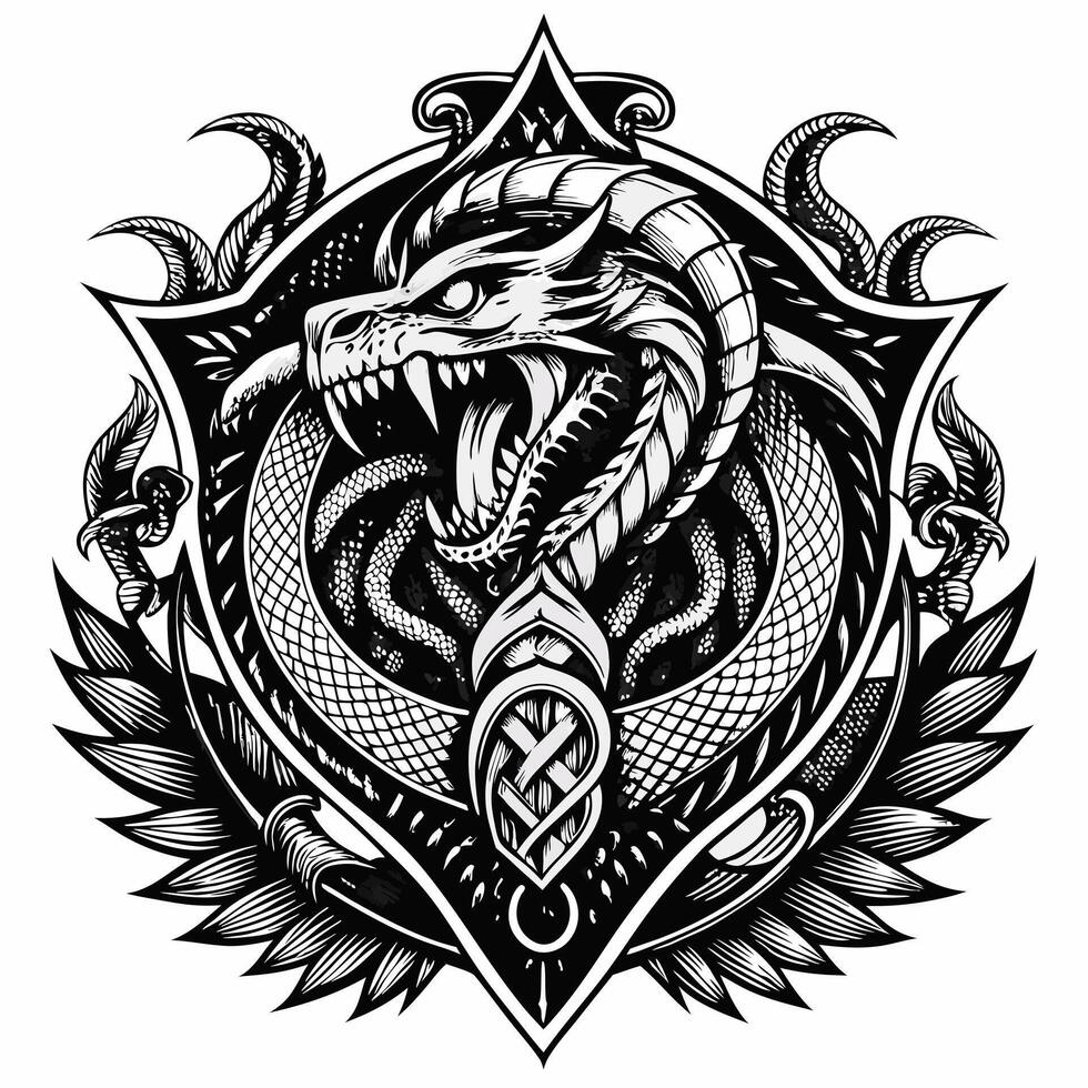 Intricate Dragon Emblem Monochrome Art of a Fierce Reptilian Design vector