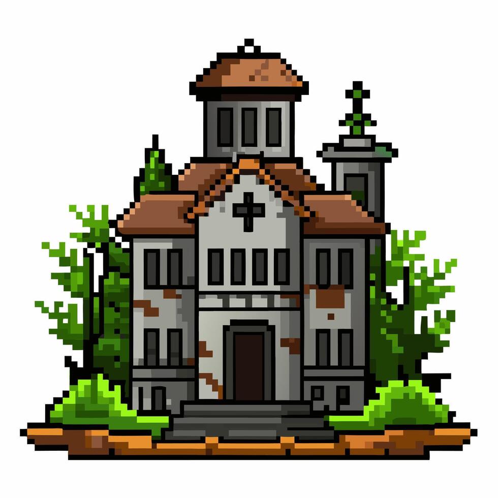Pixel Art Haunted Mansion Surrounded by Trees Old, Abandoned, Spooky, Mysterious Building vector