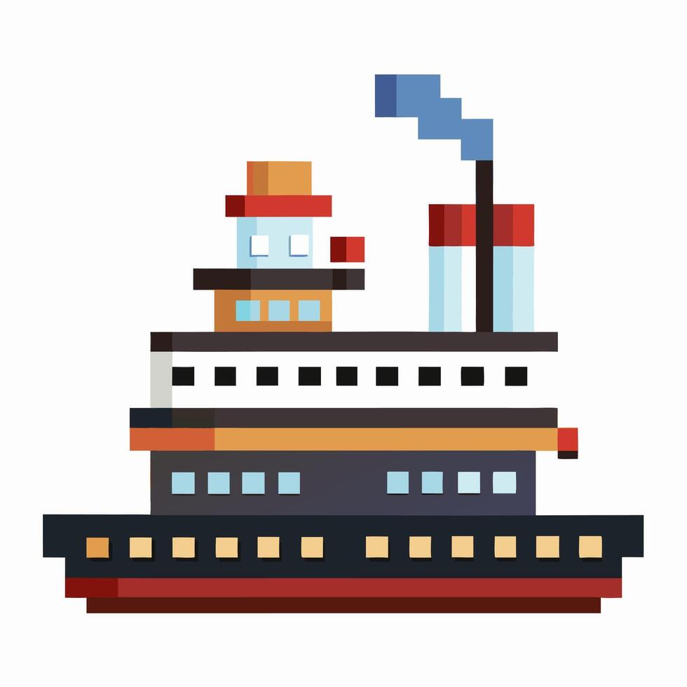Pixel Art Style Cruise Ship Illustration with Geometric Shapes and Colorful Design vector