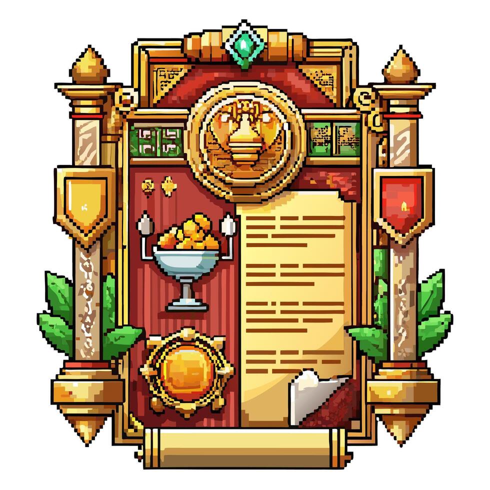 Pixel Art Fantasy Game Achievement Scroll with Gold Coins and Trophy vector