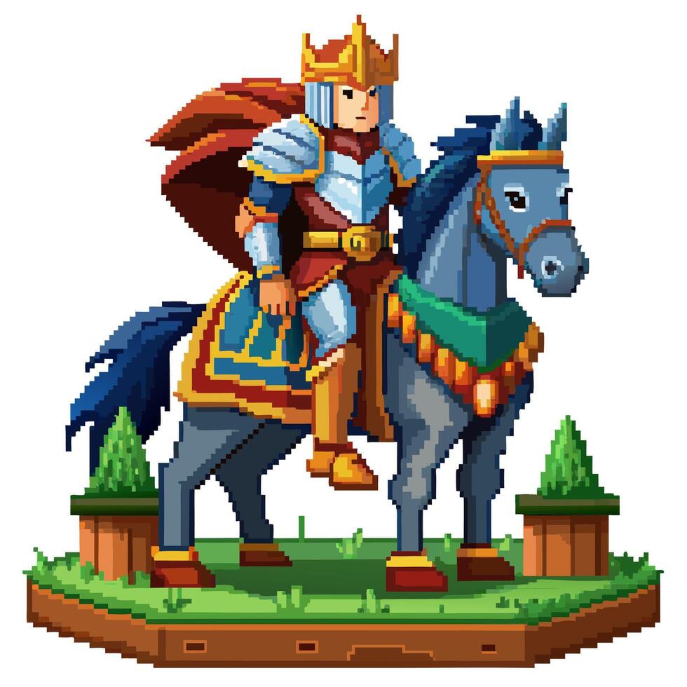 Pixel Art Knight on Horseback with Majestic Crown in Fantasy Setting vector