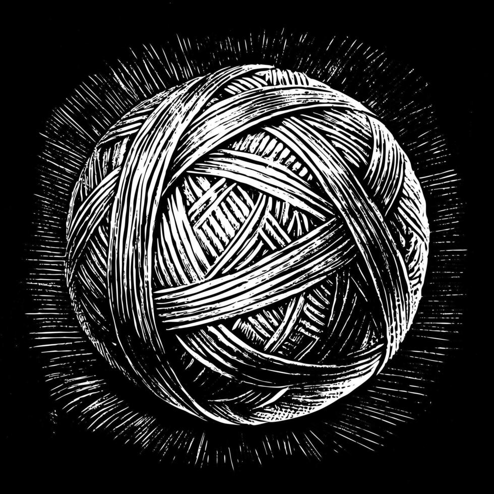 Intricate Monochrome Ball of Twine Engraved Style Illustration with Radiating Lines vector