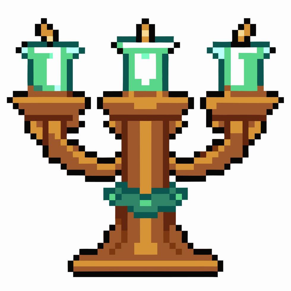 Vintage pixel art candelabra with three candles, retro gaming, digital art, nostalgic design vector