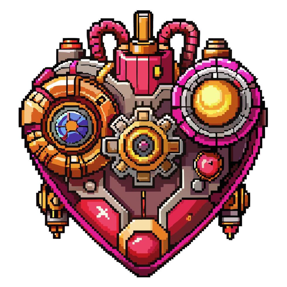 Steampunk Pixel Art Heart with Gears and Pipes Retro Mechanical Design vector