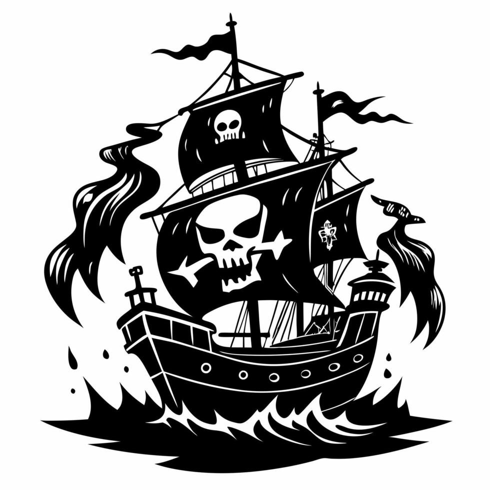 Pirate Ship Illustration with Skull and Crossbones on the High Seas vector