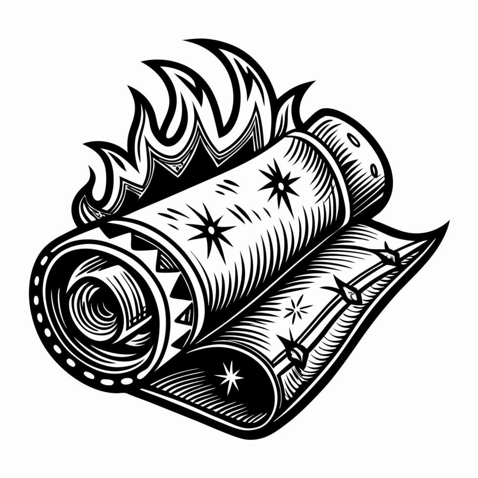 Vintage Burning Scroll Illustration Intricate Woodcut Style Design with Flames vector