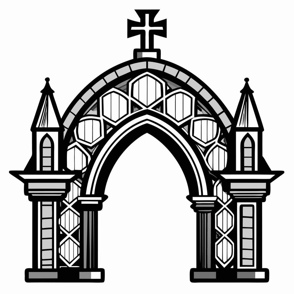 Gothic Arch Architecture with Cross and Towers in Monochrome Style vector