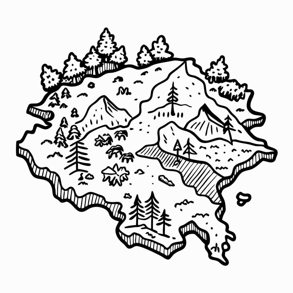 Hand Drawn Isometric Mountain Landscape with Trees and Rugged Terrain vector