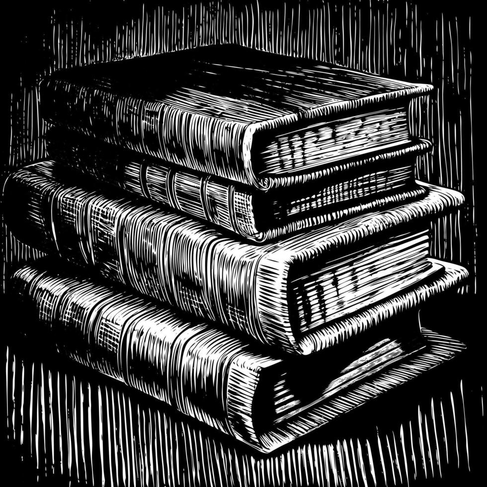 A stack of books with a black and white drawing of them vector