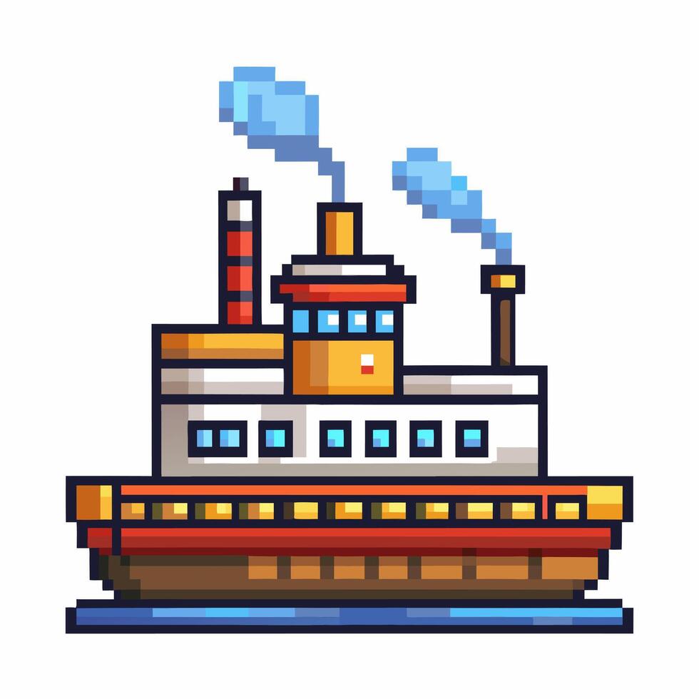 Retro Pixel Art Steamboat Illustration with Smoke Stacks and Whistles vector