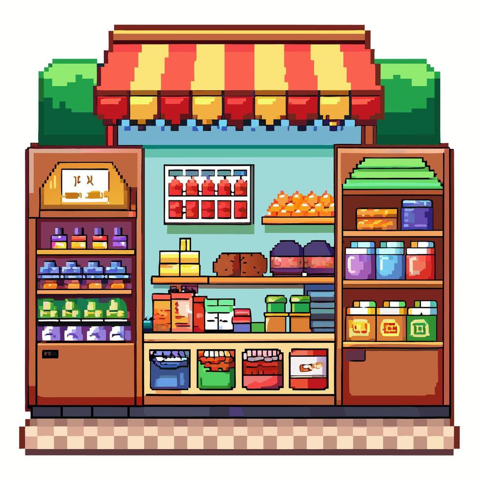 Retro Pixel Art Grocery Store Front with Colorful Produce and Products vector