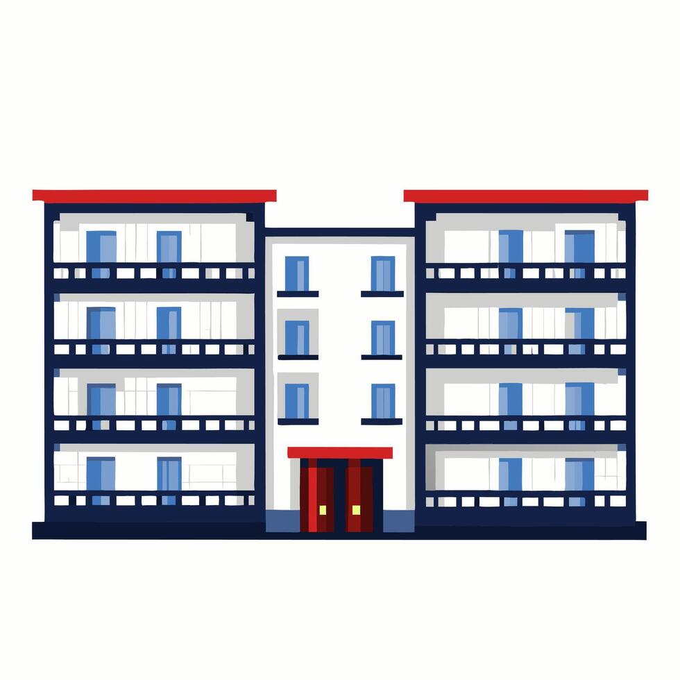Modern Apartment Building Illustration with Balconies and Red Roof Accents vector