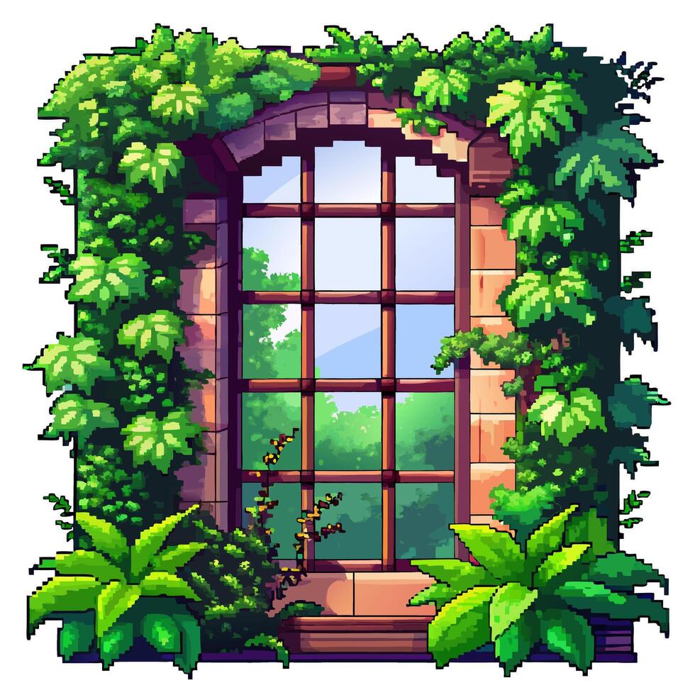 Retro Pixel Art Style Garden Window with Vivid Greenery and Scenic View vector
