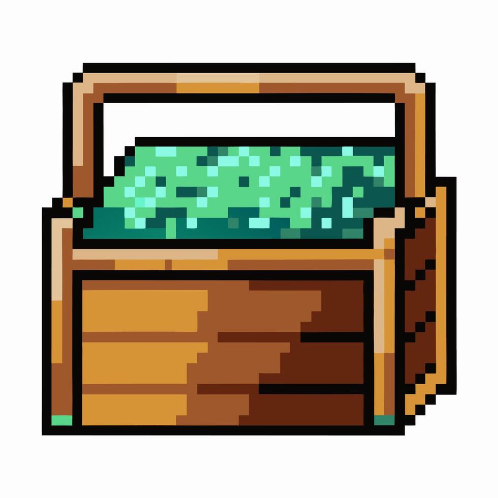 Pixel Art Wooden Toolbox with Emerald Gems Iconic Retro Game Design vector