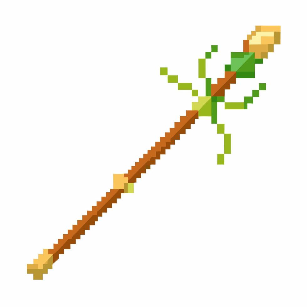 Pixel Art Magic Staff with Green Leaf Design and Wooden Handle vector