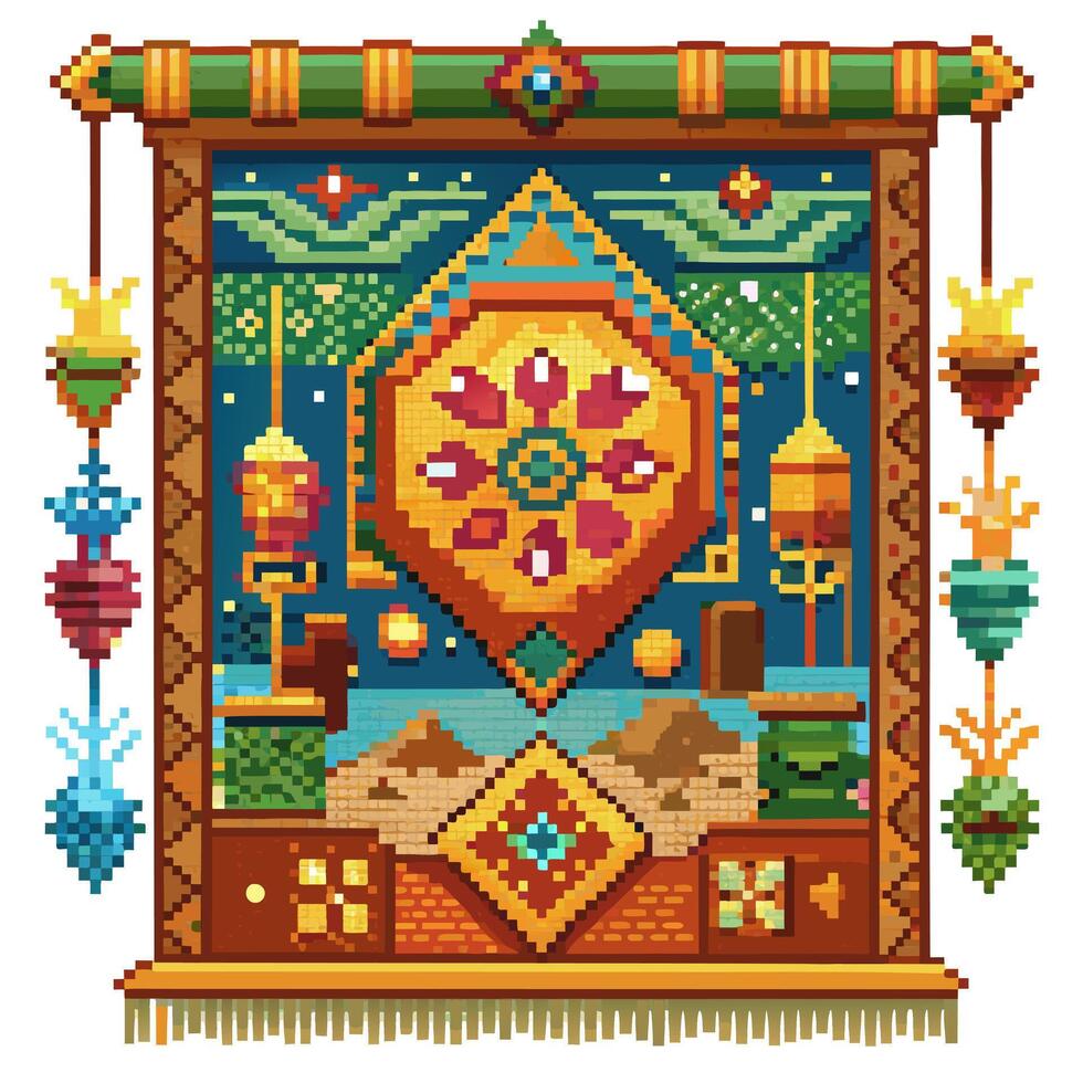 Colorful Pixel Art Tapestry with Geometric Patterns and Hanging Lanterns vector