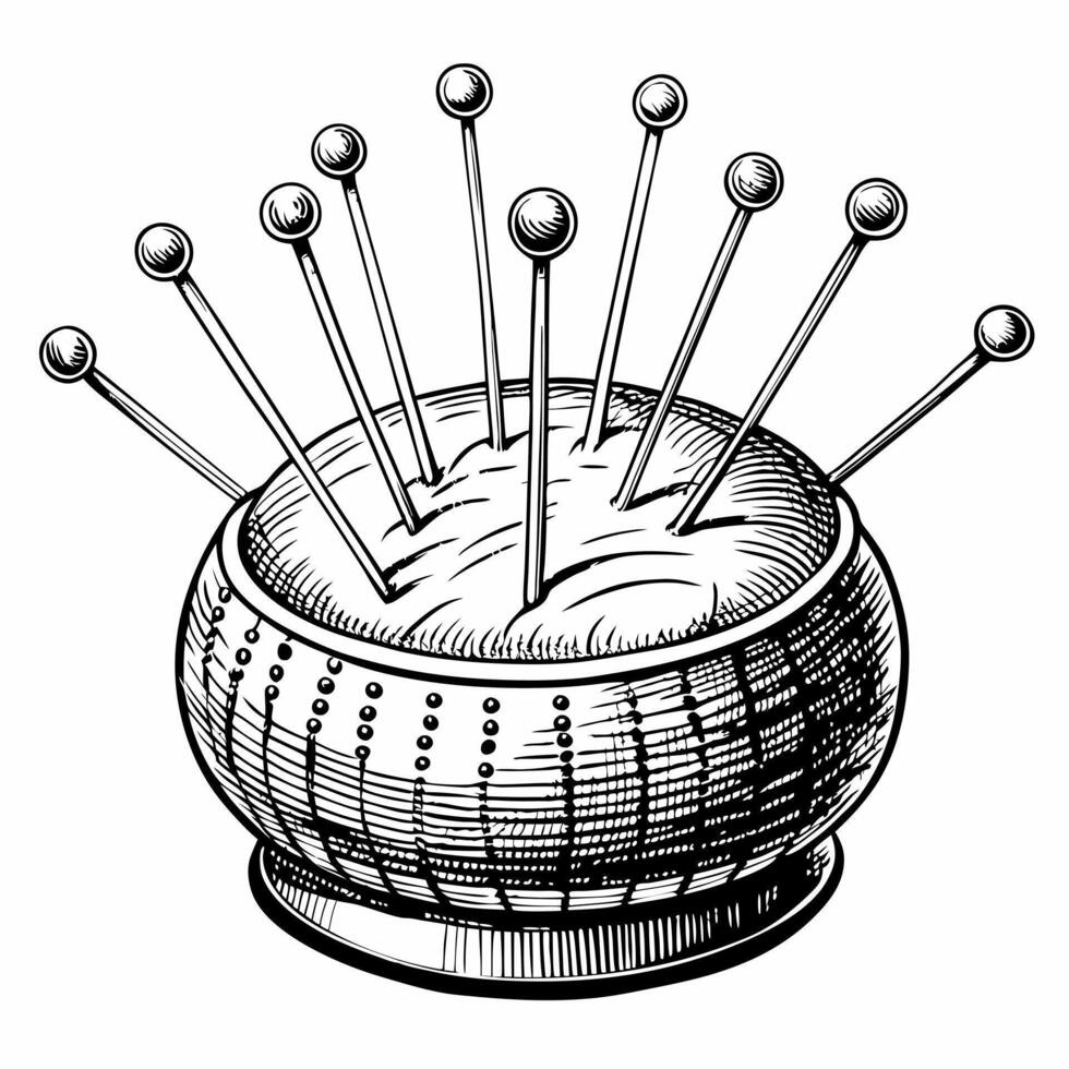 Vintage Pin Cushion Illustration with Sewing Needles Classic Hand Drawn Style vector