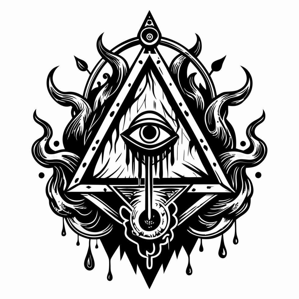 Mystical All Seeing Eye within Triangle Surrounded by Flames and Drips in Black and White Illustration vector