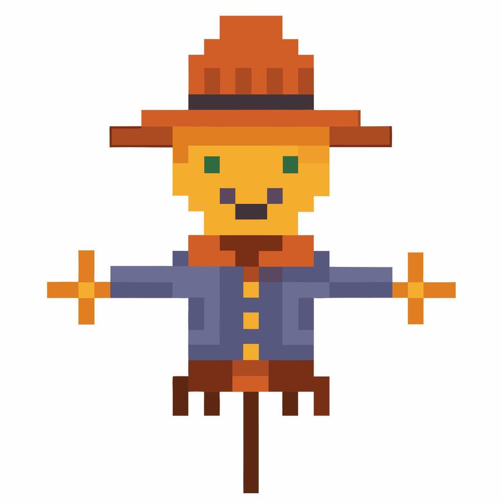 Pixel Art Scarecrow with Hat Wearing a Blue Jacket in a Minimalist Style vector