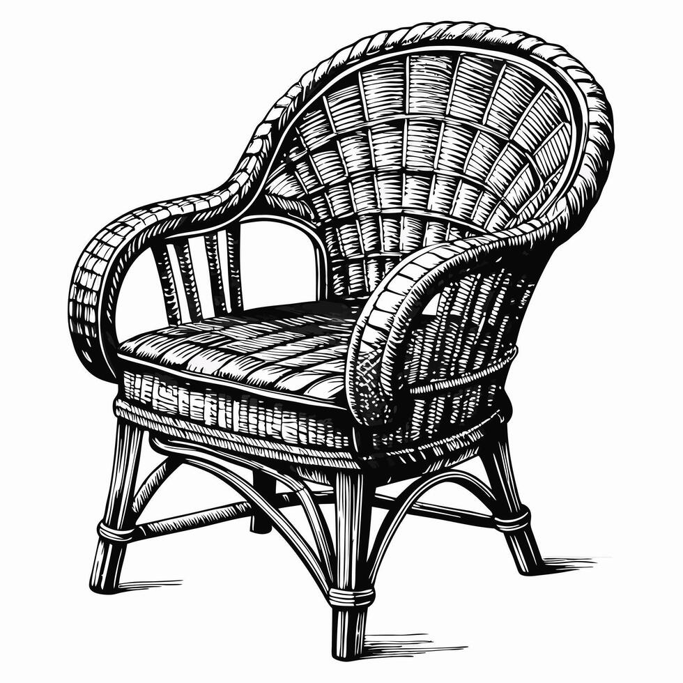 Intricately Detailed Vintage Rattan Chair in Black and White Illustration vector